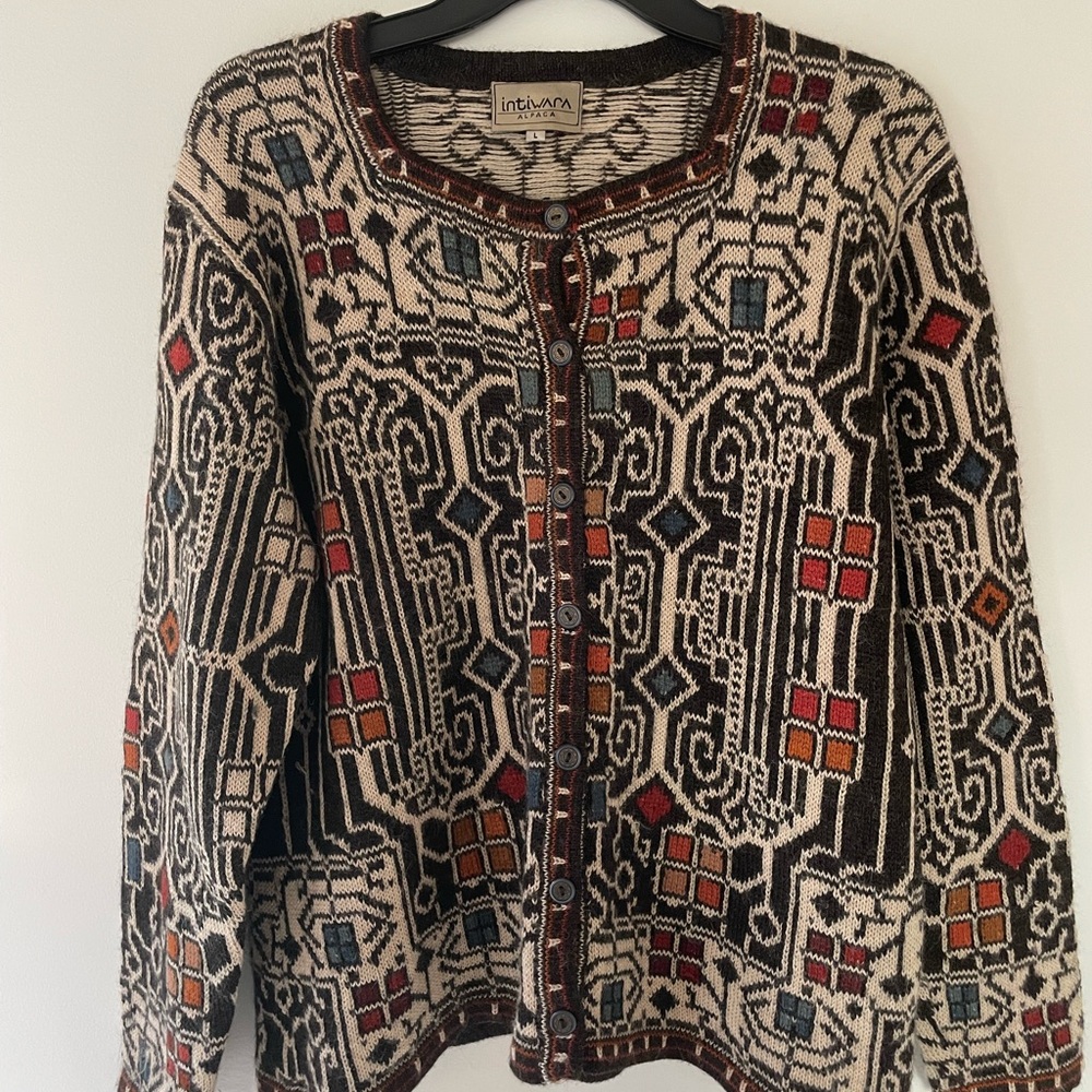 Vintage Intiwara Women’s 100% Alpaca Wool Cardigan Sweater Nordic Fair Isle LG